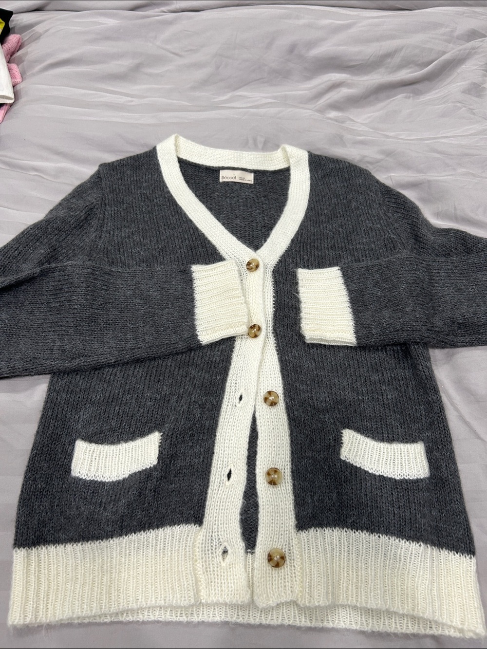 BE COOL Charcoal & Cream V-Neck Button Cardigan M